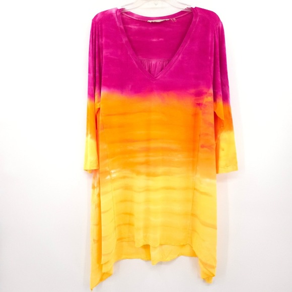Soft Surroundings Tops - Soft Surroundings Tunic Women XL Pink Orange Yellow Ombre Tie Dye Sharkbite Hem